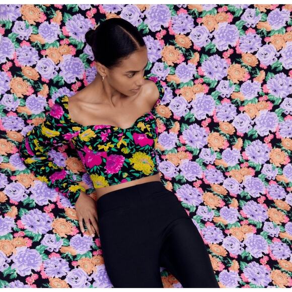 Zara Black Floral Long Sleeve Crop Top Womens Medium Sweetheart Babydoll - Picture 4 of 12